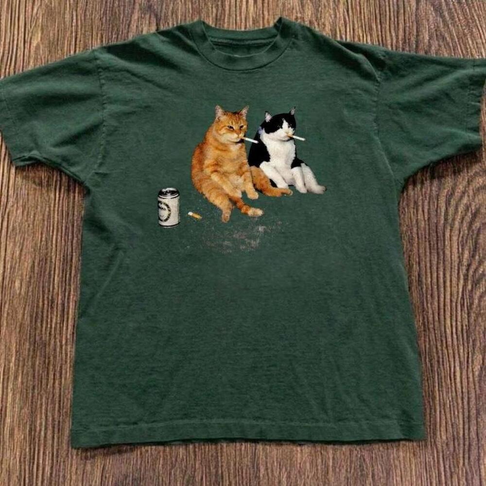 Gildan Men Green T-Shirt, Green Cat Smoking Tee